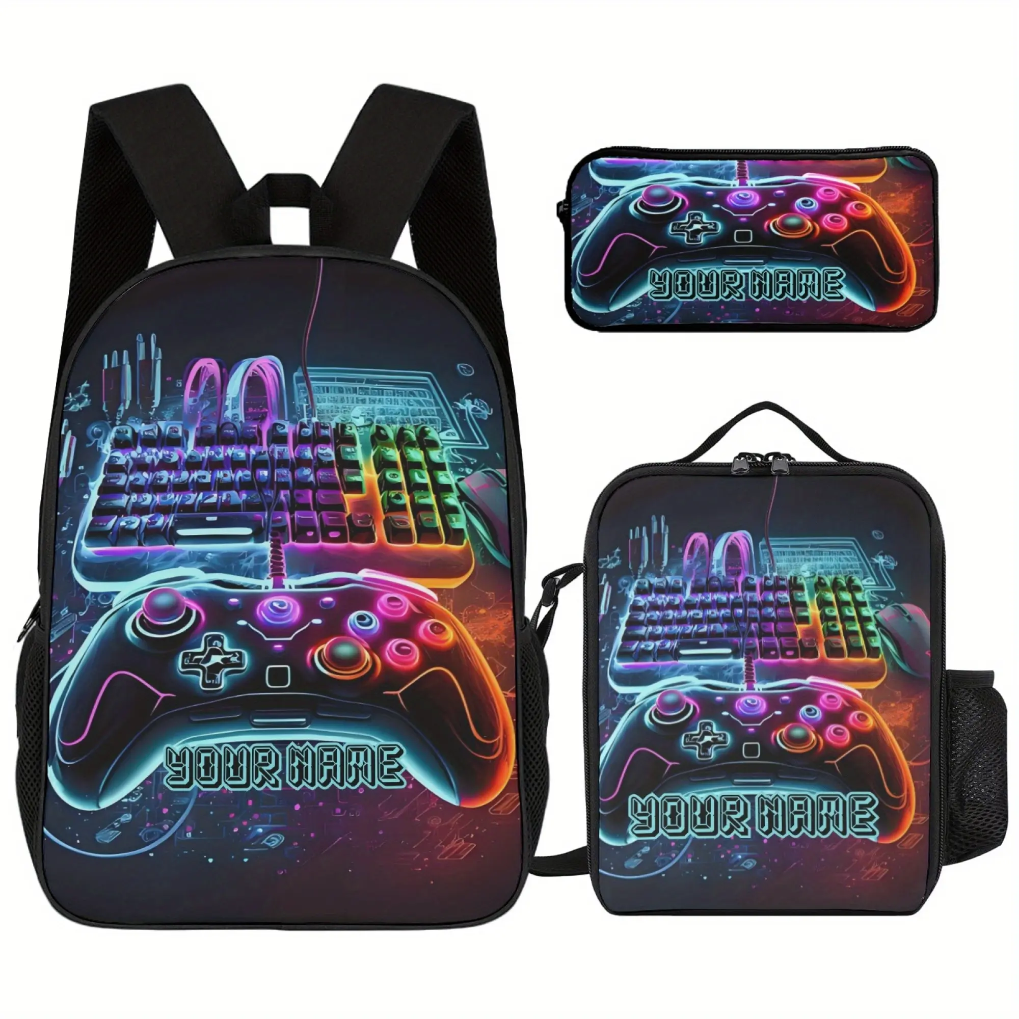RGB Gaming 3 Piece Backpack Set for Kids and Teens, Neon Keyboard and Controller School Bookbag with Lunch Bag and Pencil Case, Custom Name Style Gamer Travel Gift, Back to School Tech Gift
