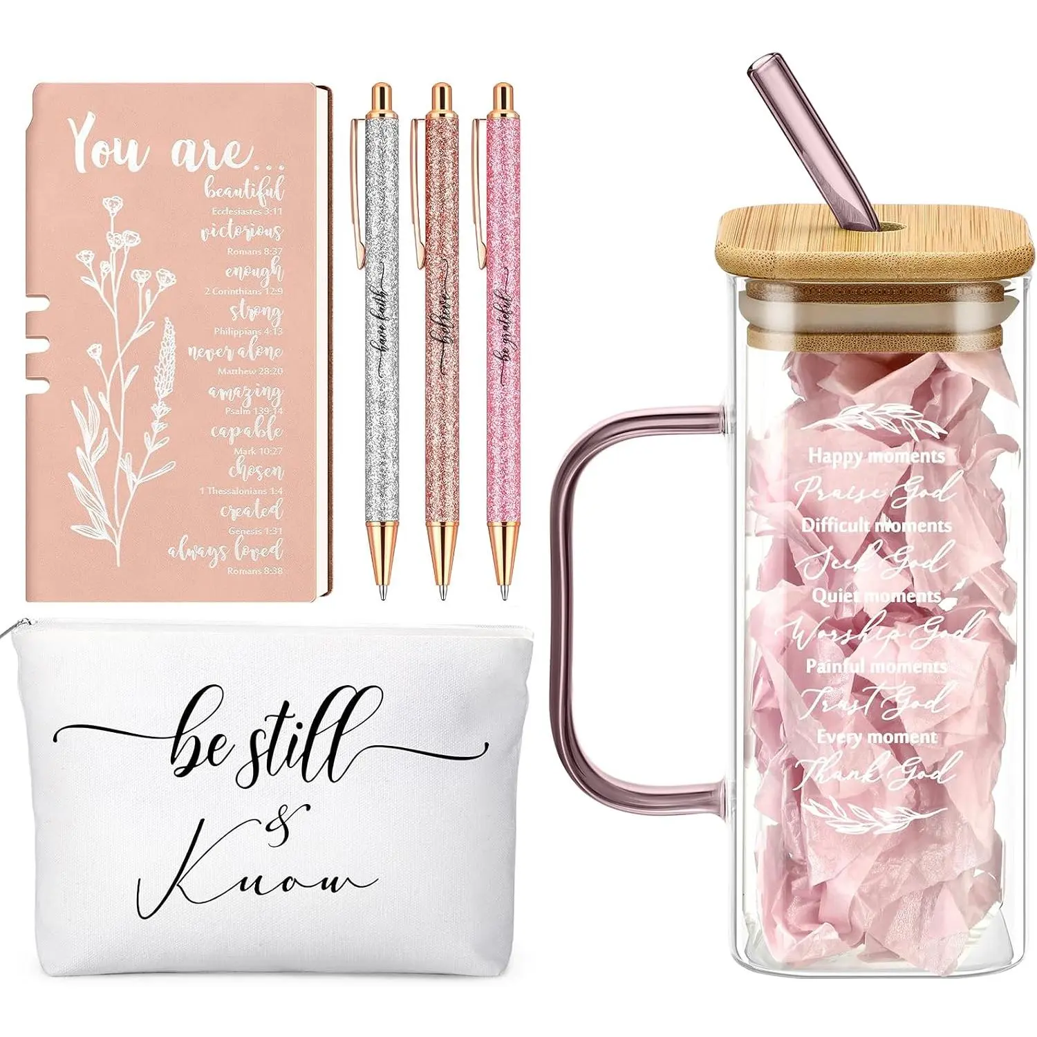 6 count Christian Gifts Set for Women Prayer Journal with Pens Makeup Bag Glass Cup  Study Supplies for Church Office Teacher Birthday Religious Gifts(Rose )