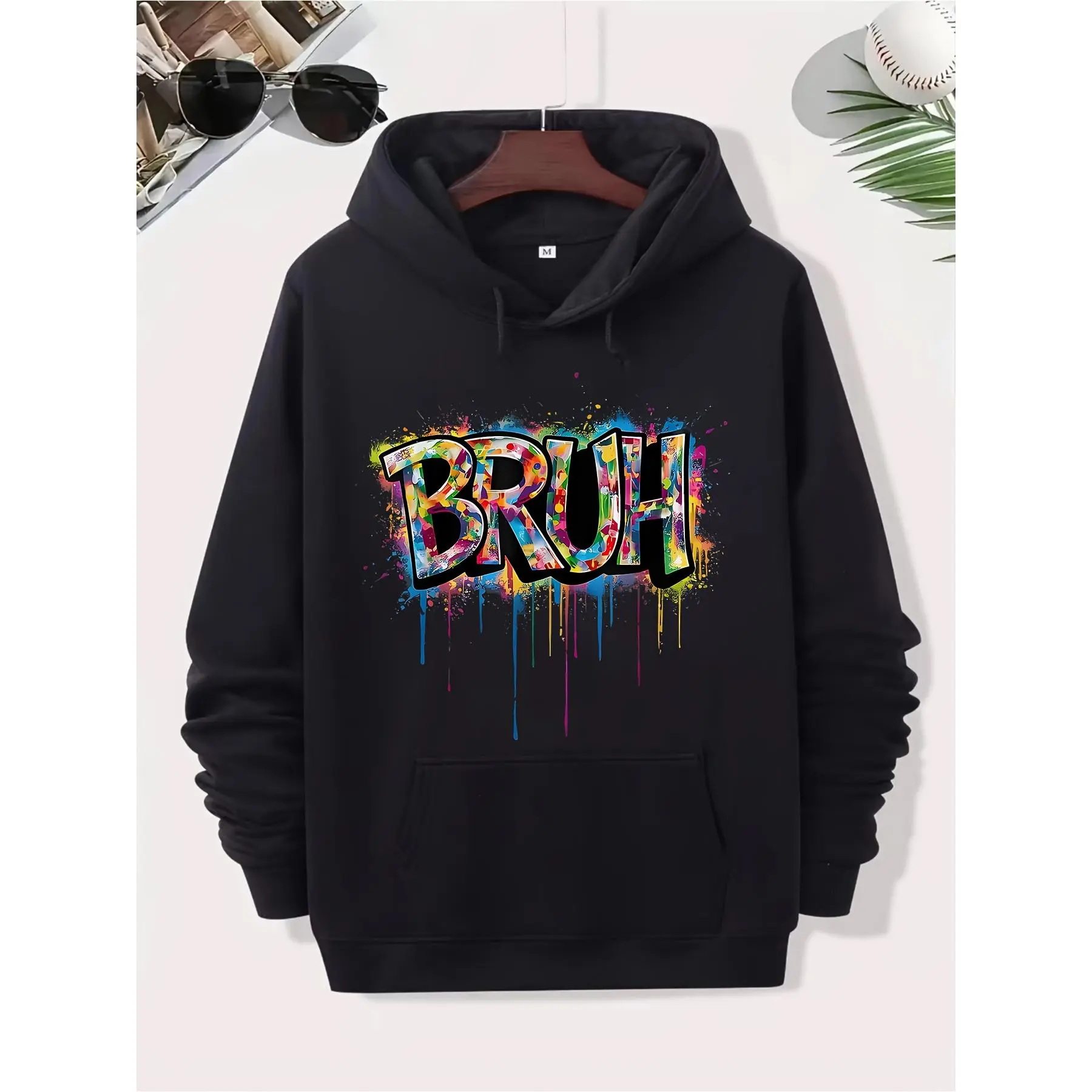 Men'S & Women'S Heavyweight 220gsm Blend Hooded Pullover Sweatshirt - Black with Graffiti-Style BRUH Graphic Print, Kangaroo Pocket, Urban Streetwear, Edgy Aesthetic, Comfortable Regular Fit for Game Day & Casual Outfits, Unisex Hoodie for Men and W