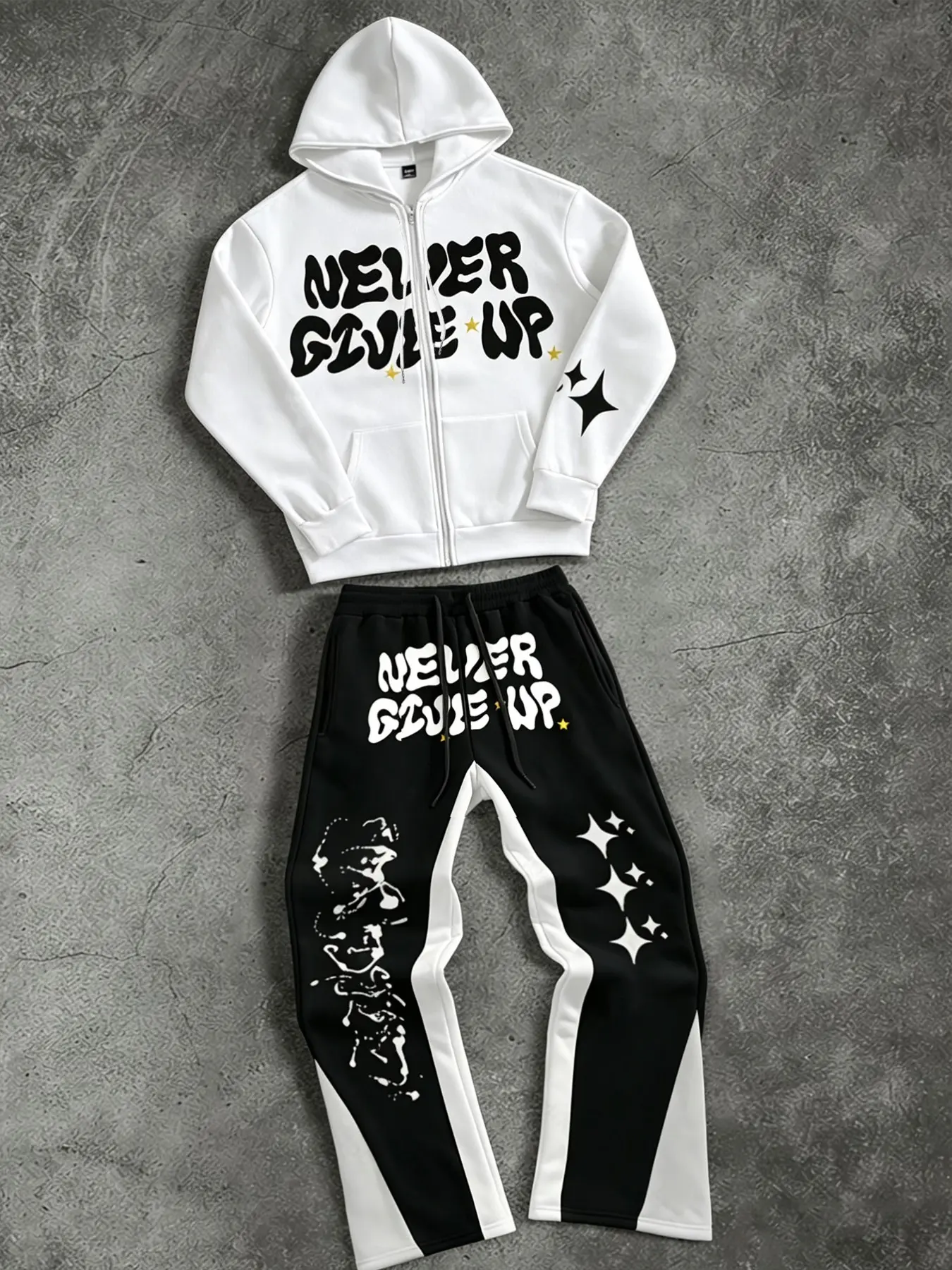 Hip Hop Casual Men Tracksuit Set, Long Sleeve Zip Hoodie with Sleek Star Graphic Decoration, Contrast Panel Printed Sweatpants, Wrinkle-resistant Stretchy Fabric Loungewear Sweatsuit Suitable for Gym Workout, Travel, Home Relaxation and Weekend Street OOT