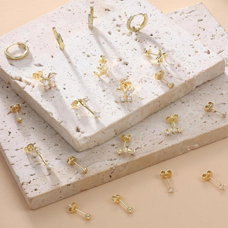 Versatile 20 Pcs Shining Sterling Silver Stud Earrings for Women Multiple Piercing 20G Dainty Heart Butterfly Star CZ Stud Earring Hypoallergenic Hoop Earrings Studs Cartilage Earring Sets Stacks for Women Men Christmas Gift