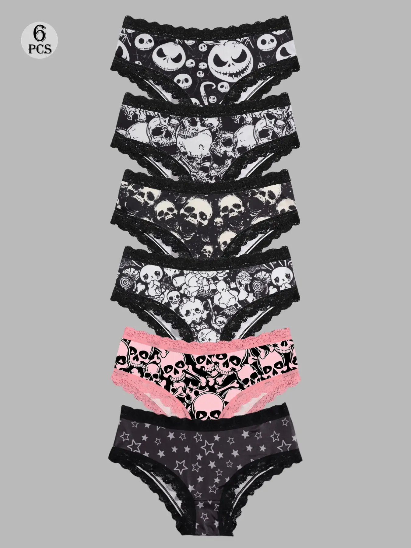 Morvia Sexy Cute Gothic Halloween Contrast Lace Hipster Panties, Allover Print Comfy Intimates Briefs Panties, Women's Underwear & Lingerie, Stretch Hipster Briefs, Printed Panties