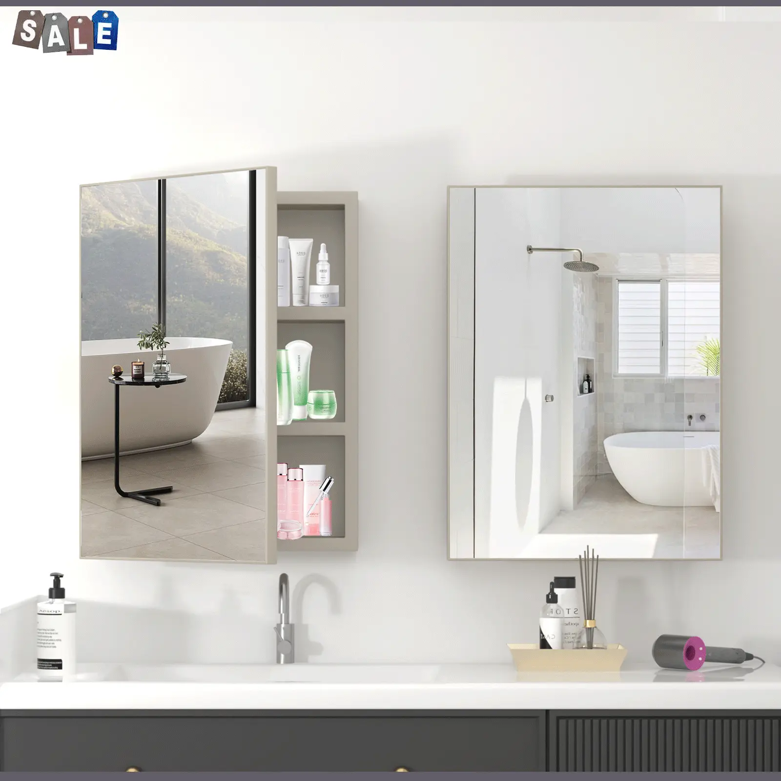 Medicine Cabinet with Mirror, Wall Mounted Bathroom Mirror Cabinet with 3 Storage Shelves, Matte Cream, Aluminum