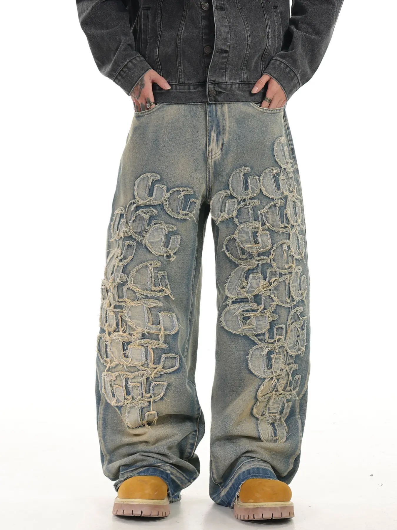 Men's Vintage Washed Denim Jeans, Letter Patchwork Embroidery Straight Leg Wide Leg Jeans, Y2K Streetwear Fashion Loose Fit Long Pants
