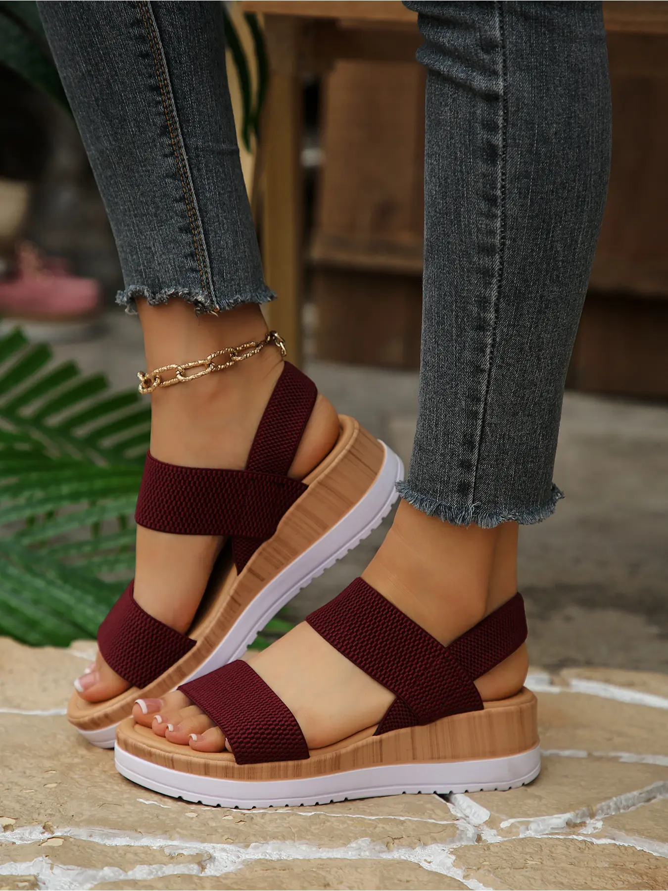 All Match Summer Beach Stretchy Strap Slingback Wedge Sandals, Layer Platform Outdoor Walking Footwear Women, Casual Fashion Sandals