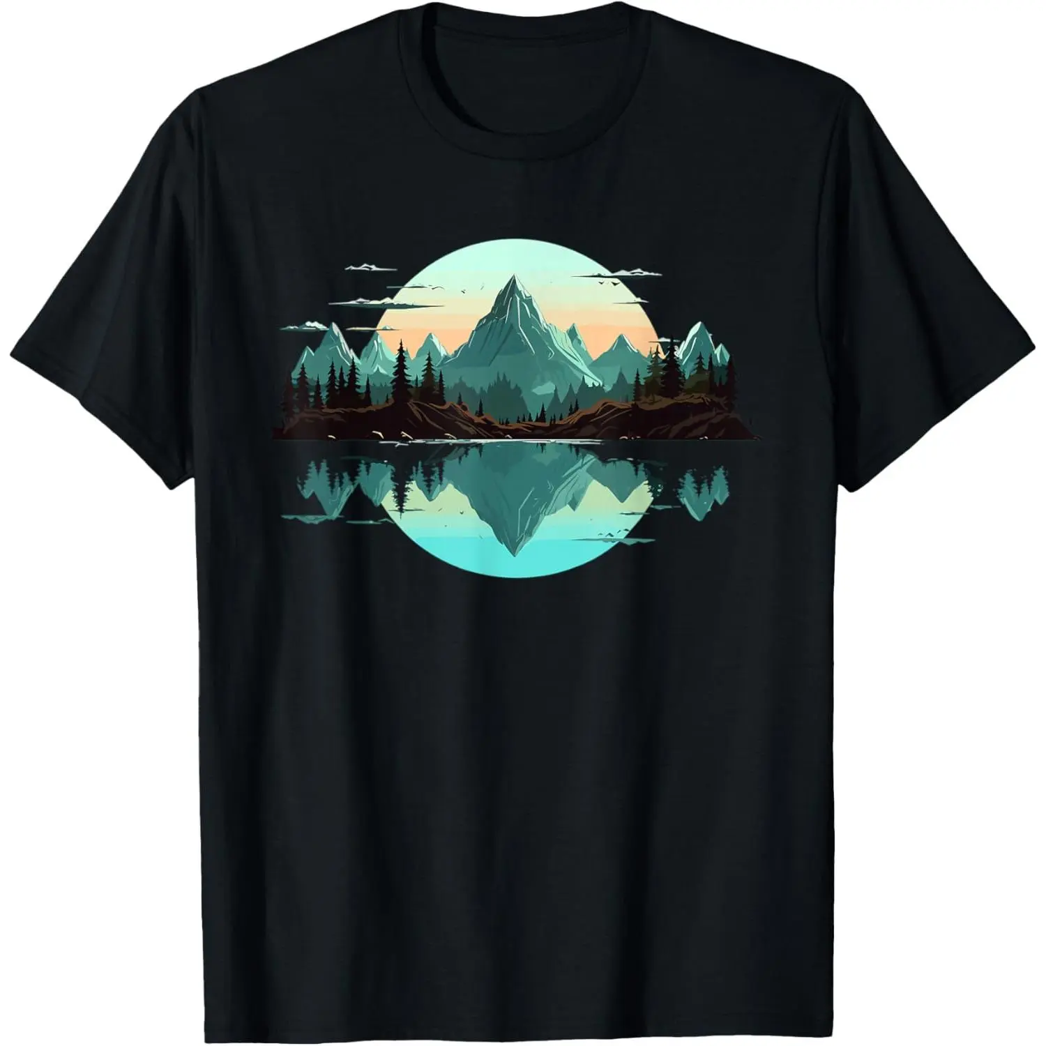 Mountain Landscape Reflection Graphic T-Shirt, Forest Trees Wildlife Nature Print Short Sleeve Cotton Tee, Outdoor Adventure Lover Casual Shirt