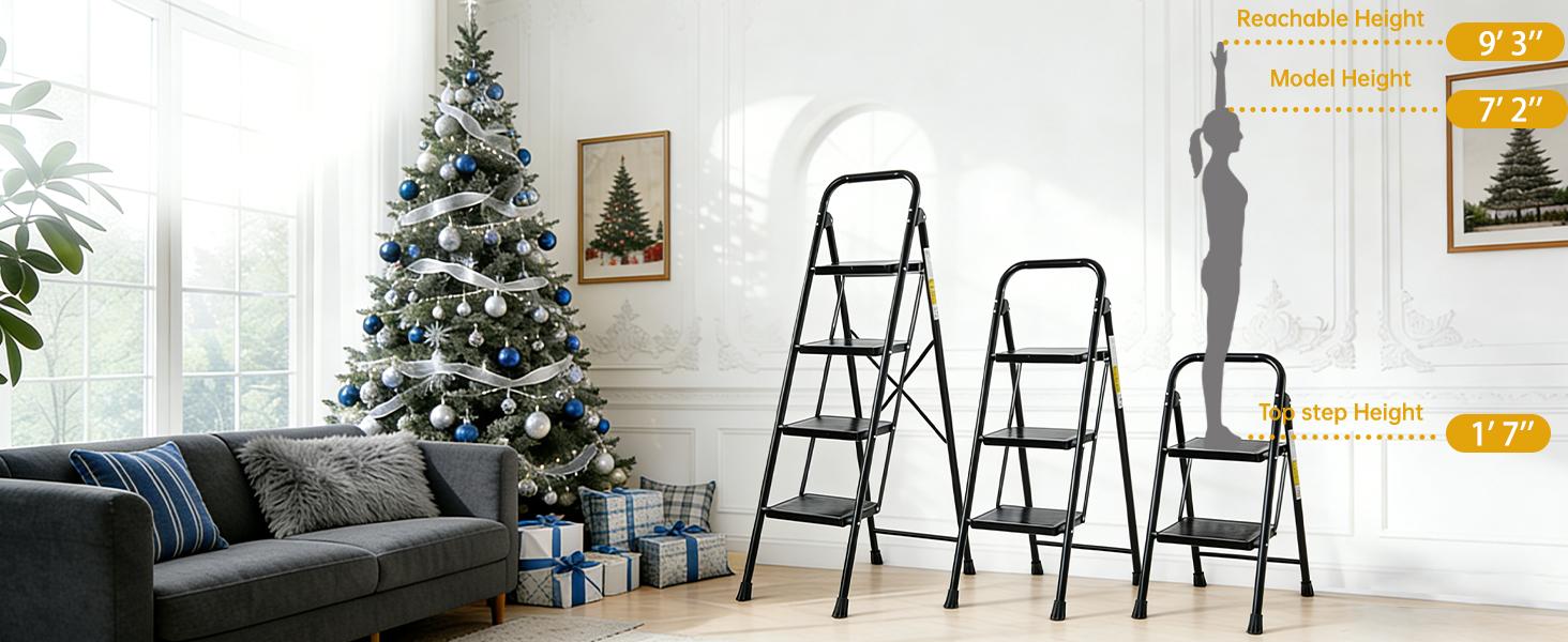 2 Step Ladder, Step Stool with Wide Anti-Slip Pedal, 330 lbs Capacity,Step Ladder Folding Step Stool for Adults, Lightweight Steel Portable ladders for Home Kitchen & Office,Black