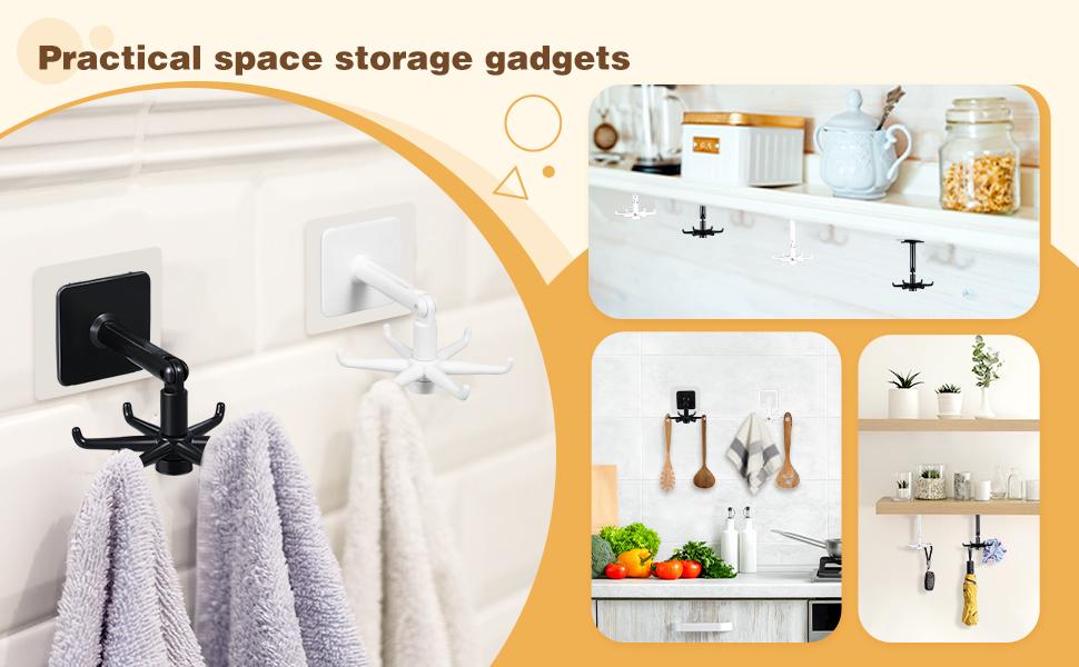 4 Pieces 360 Rotating Folding Hook Multi-purpose Hanging Utensil Holder Hook 180 Degrees Vertical Flip Self-Adhesive Hook Utensil Rack with 6 Hooks for Kitchen Bathroom Cabinet Towel (Black, White)