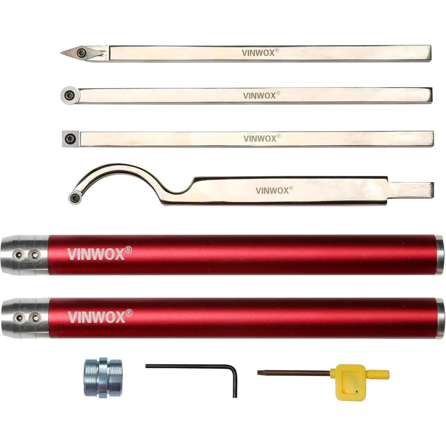 9 PCS Carbide Wood Lathe Turning Tool Set, Pen Turning tools, Including Swan Neck Hollower, Rougher, Finisher, Detailer, Aluminum Handles from 14" to 29", Fine Polished Stainless Steel Shank