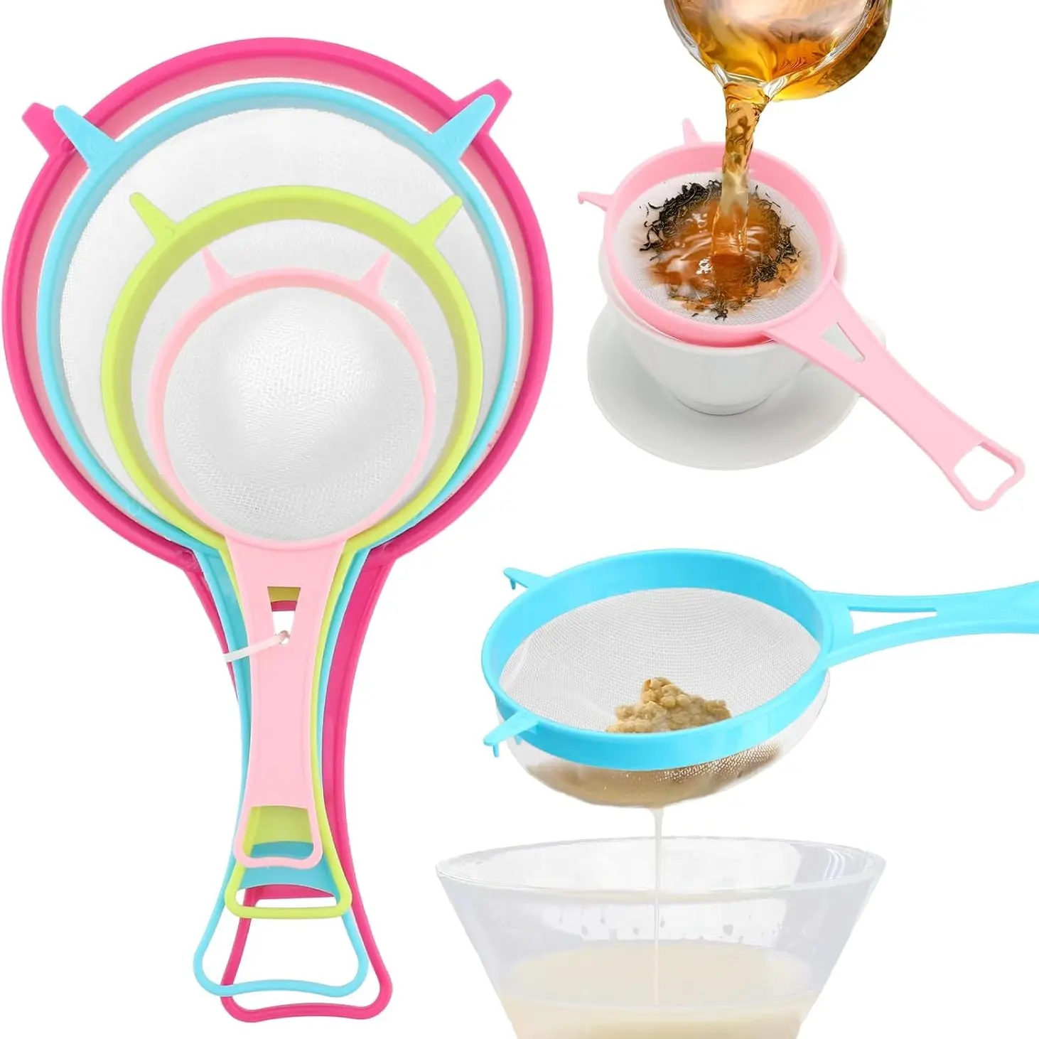 Colorful Plastic Strainer Set, 4-Pack Multipurpose Filter Net, Fine Nylon Mesh, Non-Slip Handle, Ideal for Baking, Tea, Juice, Tea Accessories