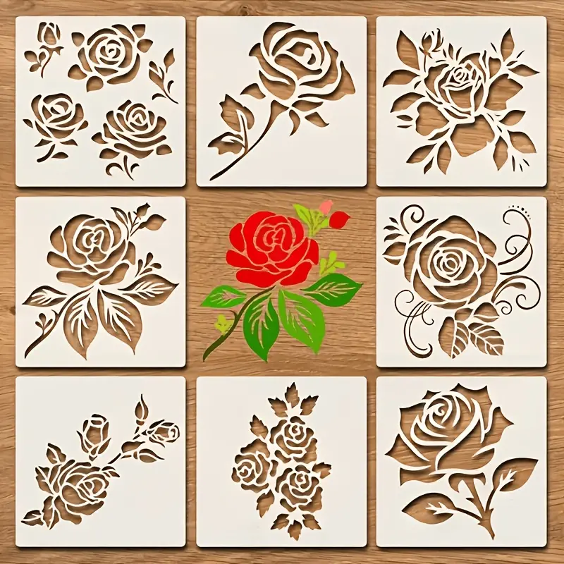 Rose Flower Painting Template Set - 8 Washable and Reusable PET Plastic Templates, DIY Wall Mural/Scrapbook Decoration/Album Decoration/Furniture Painting Crafting Tools