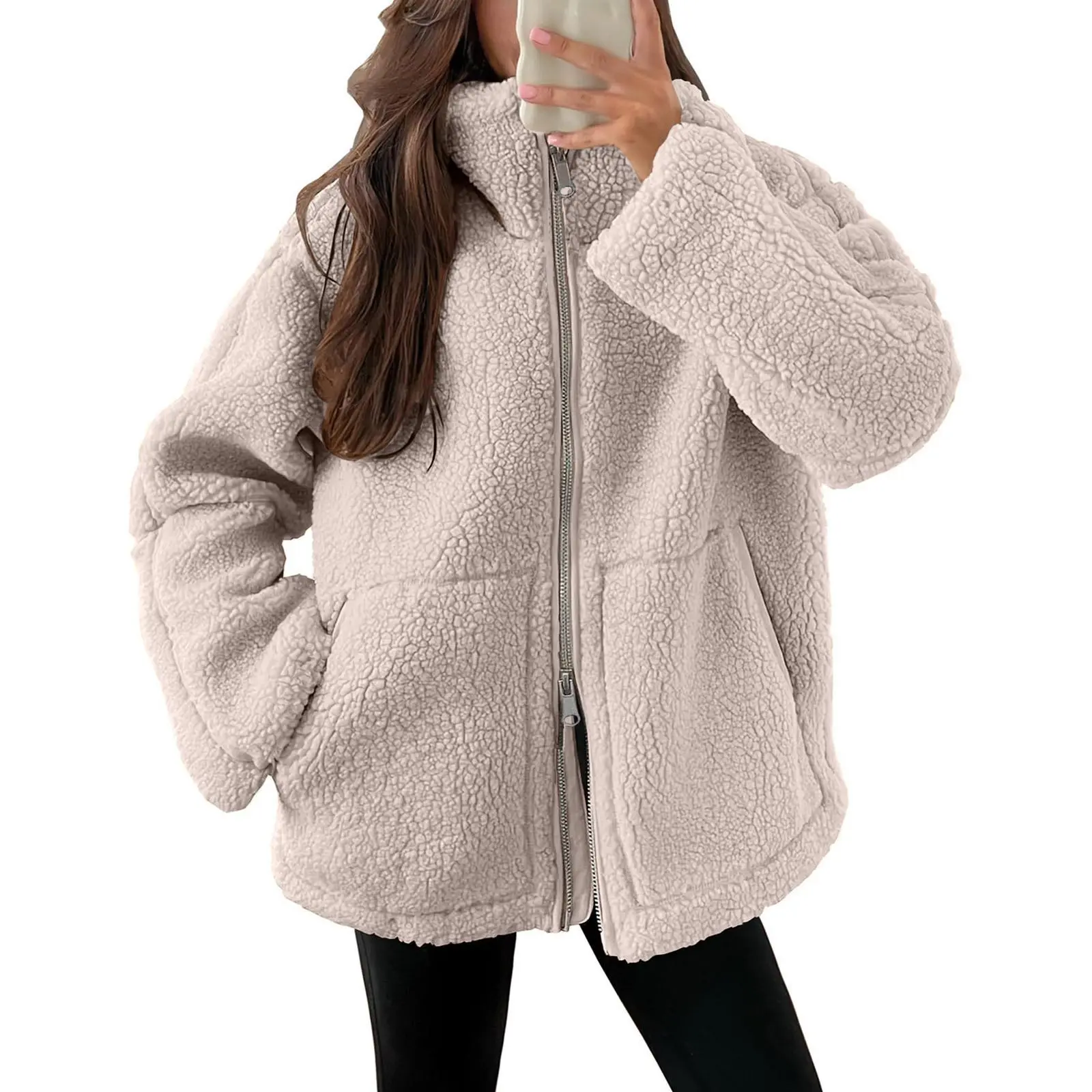 Women's Oversized Sherpa Fleece Jacket Stand Collar Full Zip Up Fuzzy Teddy Coat Cozy Winter Warm Fall Layering Outerwear Casual Slouchy Everyday Trendy Clean Girl Aesthetic Basic Clothes