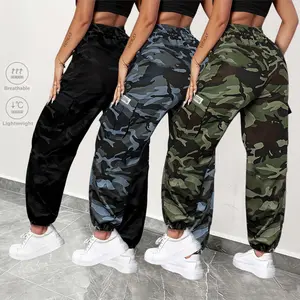Women’s camouflage cargo pants with stretch drawstring, high waist, multiple pockets, lightweight and breathable, ankle cuffs; streetwear outdoor casual athletic pants; sportswear casual apparel; breathable, lightweight running pants