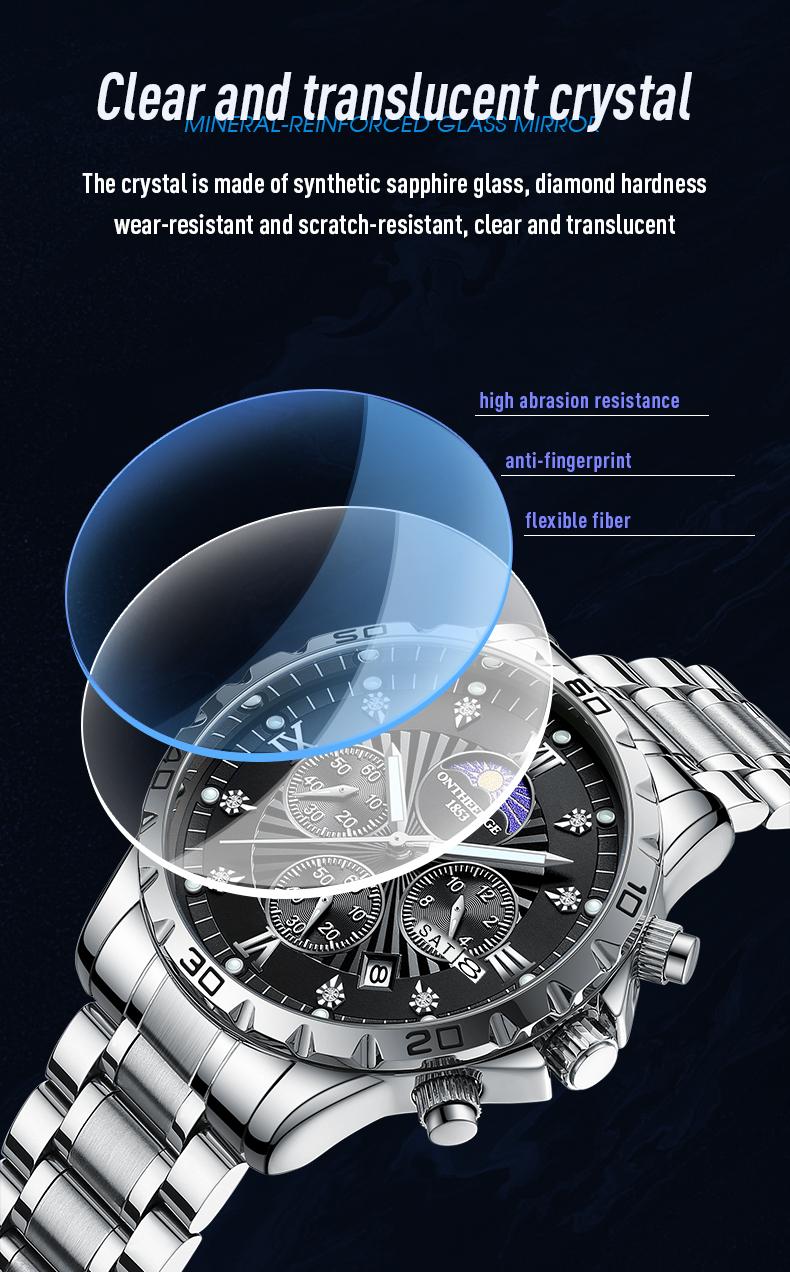 Men's Luxury Moon Phase Quartz Watch - Stainless Steel Wristwatch with Date, Chronograph Subdials, Diamond Markers, Luminous Hands, Classic Business Dress Watch for Men, Perfect Gift for Husband Dad
