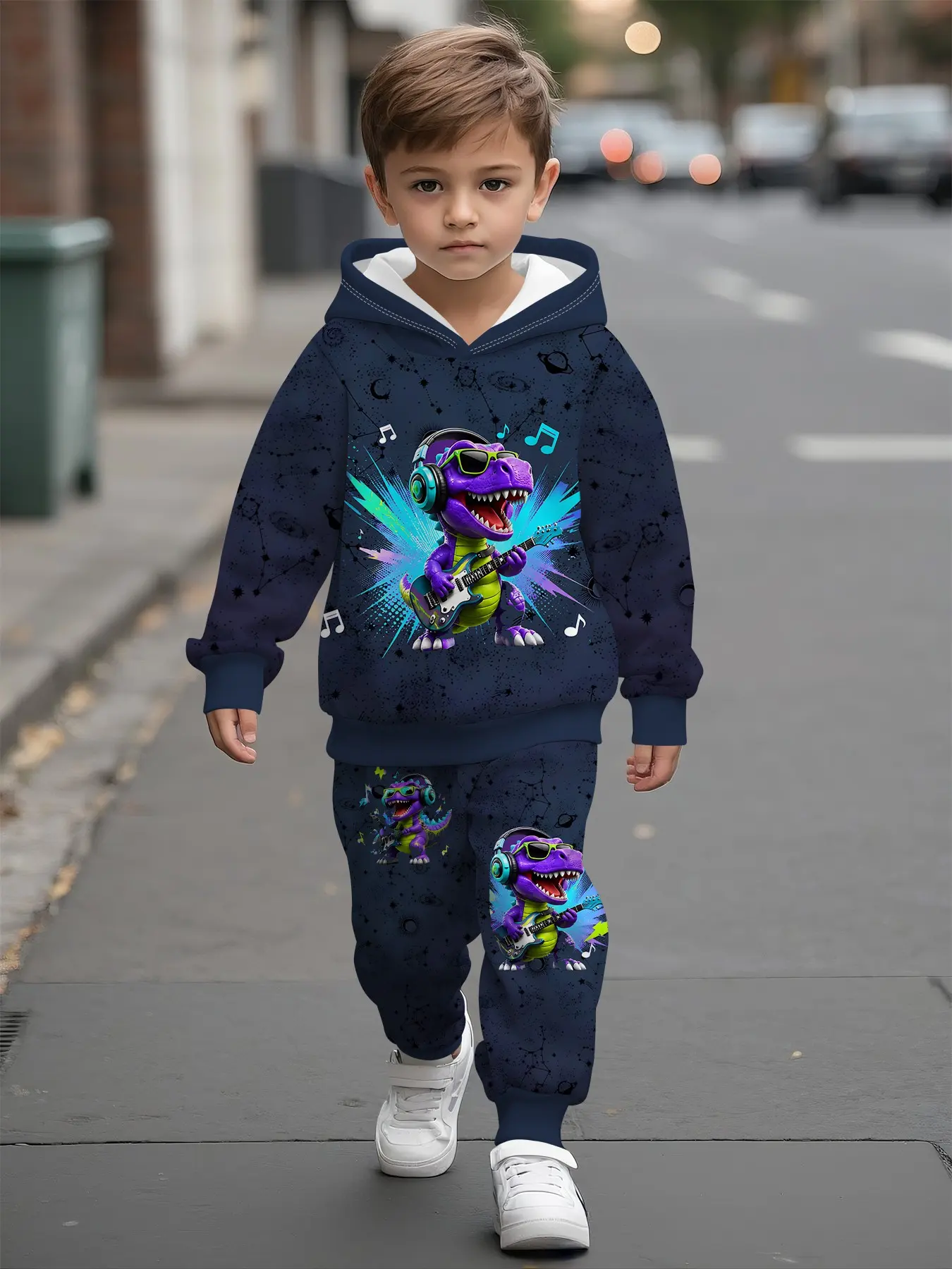 Hooded sweatshirt graphic print set for trendy baby boys and kids with starry sky musical note dinosaur print, worn with headphones; casual and comfy set suitable for daily wear and outings, a versatile trendy gift for boys