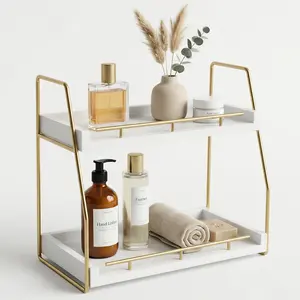 Bathroom Countertop Organizer, 2-Tier Makeup Organizer for Vanity, Wooden Shelf with Gold Metal Frame for Skincare, Perfume & Decor (White&Gold)