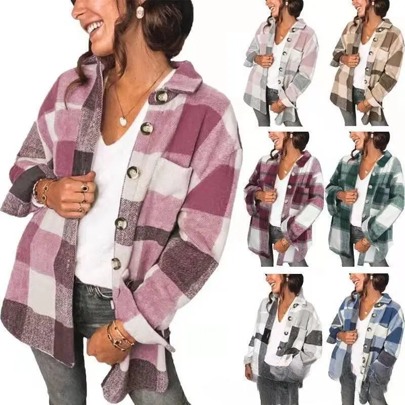 Women's Plaid Flannel Shacket Jacket Long Sleeve Button Down Boyfriend Shirt Coats
