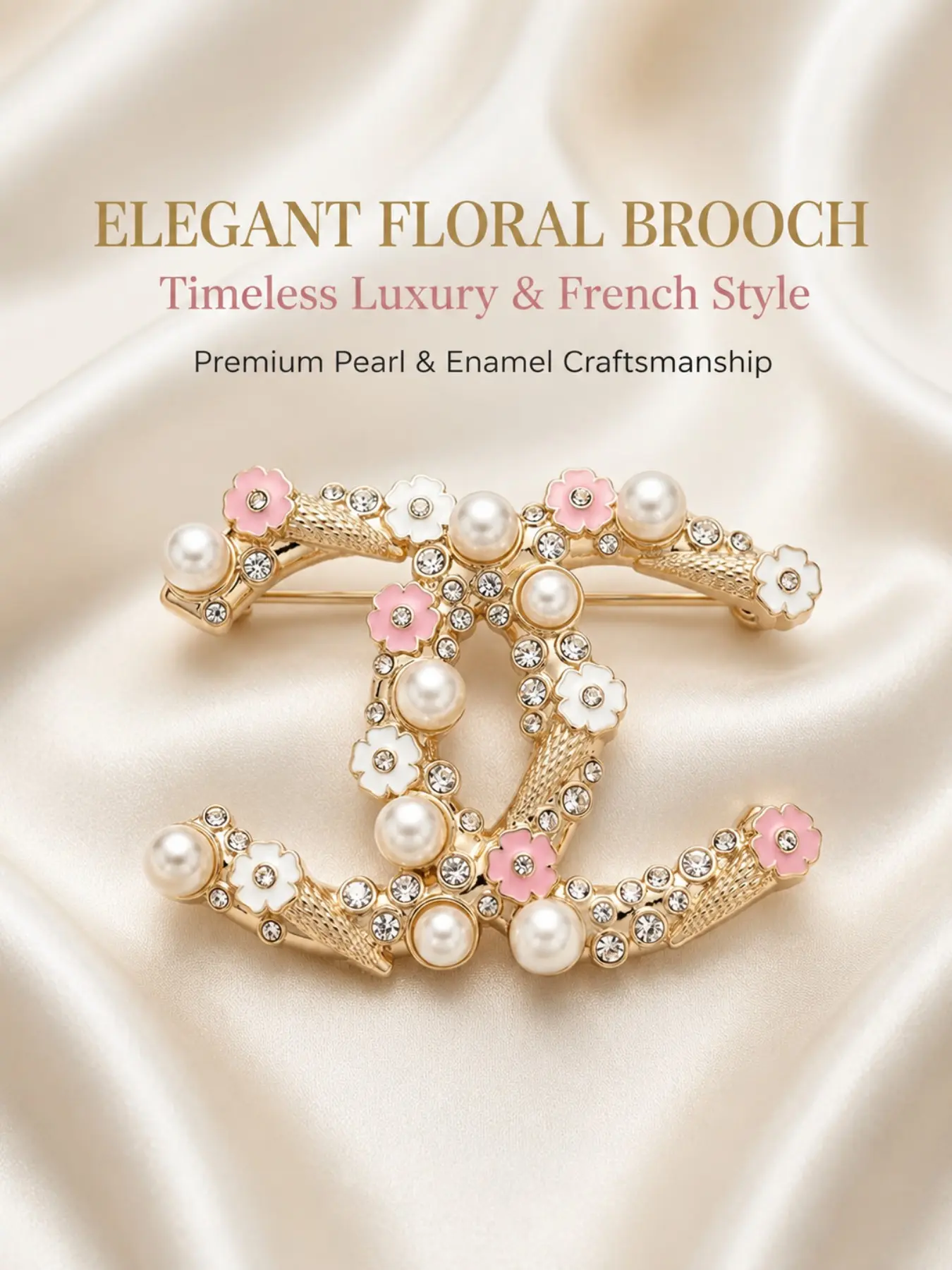 Women's Versatile Commuter CC Brooch, Dual Color Pearl Strand, Floral Rhinestone Design, Ideal for Collars, Hats, Scarves, Necklaces, Bags