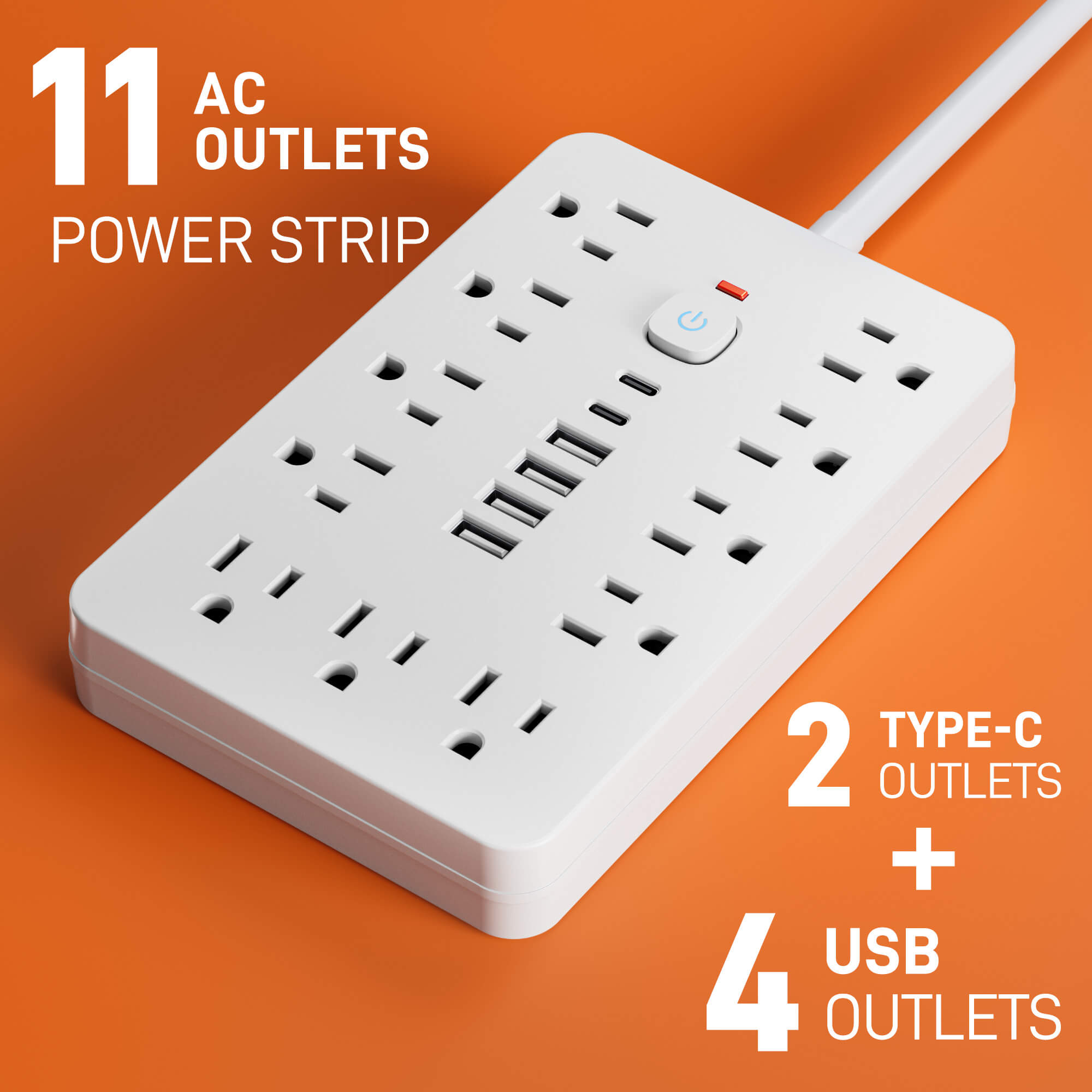 17-in-1 Surge Protected Power Strip Built In Cable, 1 Count Wall Mountable Desktop Charging Station with 4 USB & 2 Type-C Ports, Suitable for Home, Office & Travel
