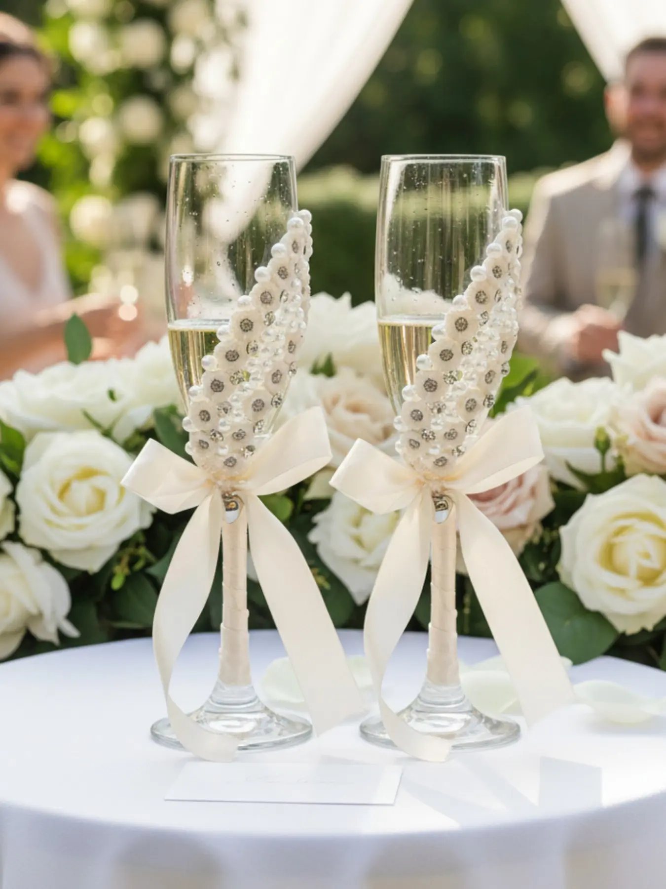 2Pcs Wedding Champagne Flutes, Handmade Pearl Flower Heart Bow Decor Couple Glasses, Reusable Elegant Toasting Cups for Wedding Ceremony, Reception, Engagement, Bar, Valentine's Day, Halloween, Christmas Events, Anniversary Gift & Photo Props