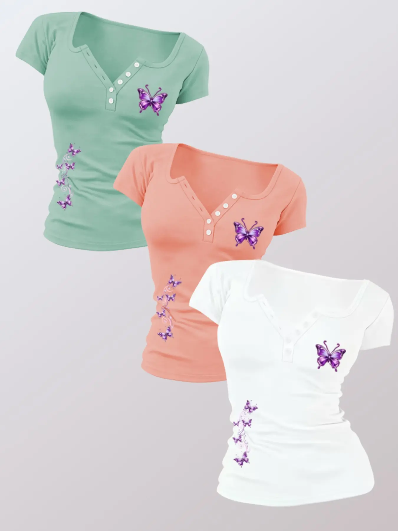 Women's Fitted Short Sleeve T-Shirt, Gradient Butterfly Print, Sexy V-Neck, Elastic Waist, Casual Summer Top, Versatile Daily Wear, Casual Everyday Tops