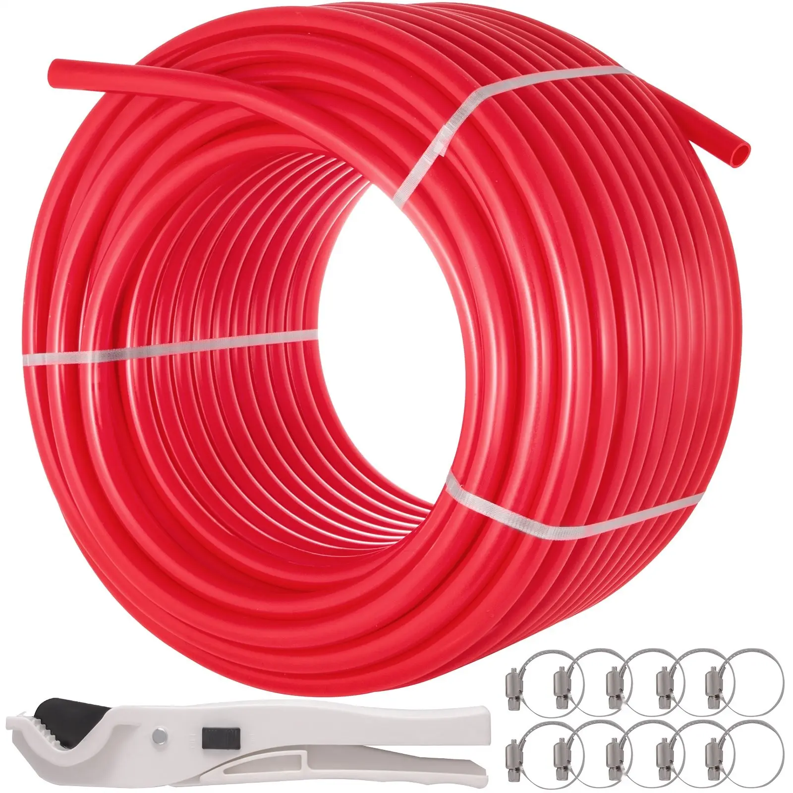 Red 5/8-Inch 500Ft Oxygen Barrier (O2 EVOH) PEX-B Tubing, 1 x 500ft PEX Tube, 10 x Clamp, Durable Flexible Plumbing Pipe for Radiant Floor Heating, 101-108psi @ 95℃, 188-217psi @ 20℃, Suitable for Residential & Commercial Heating Installations