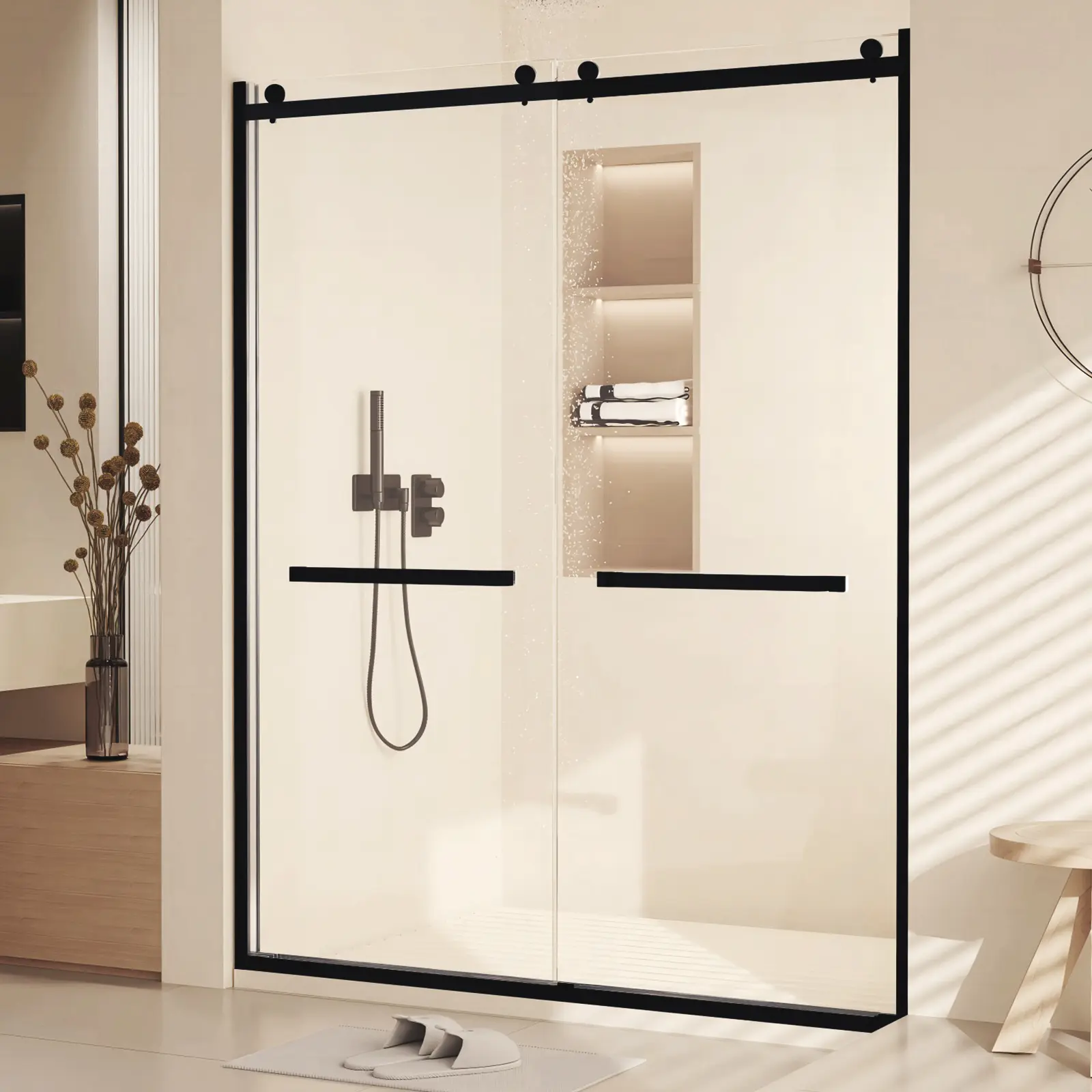 Modern Double Sliding Shower Door – Frameless 3/8'' (10mm) Tempered Glass, Smooth Slide, Seal Strip, Durable Stainless Steel Handle