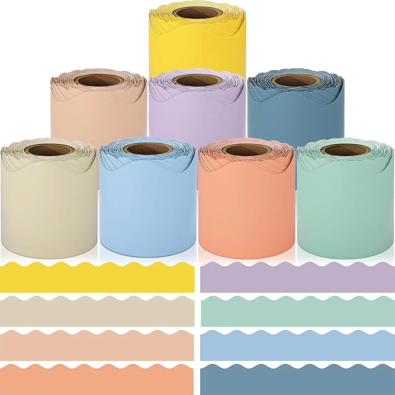 Bulletin Board Borders, 8 Rolls 262.4 Ft Boho Scalloped Bulletin Borders, Pastel Bulletin Board Decorations for Classroom, School & Office, Ideal for Blackboard, Whiteboard Hippie Boho Classroom Decor