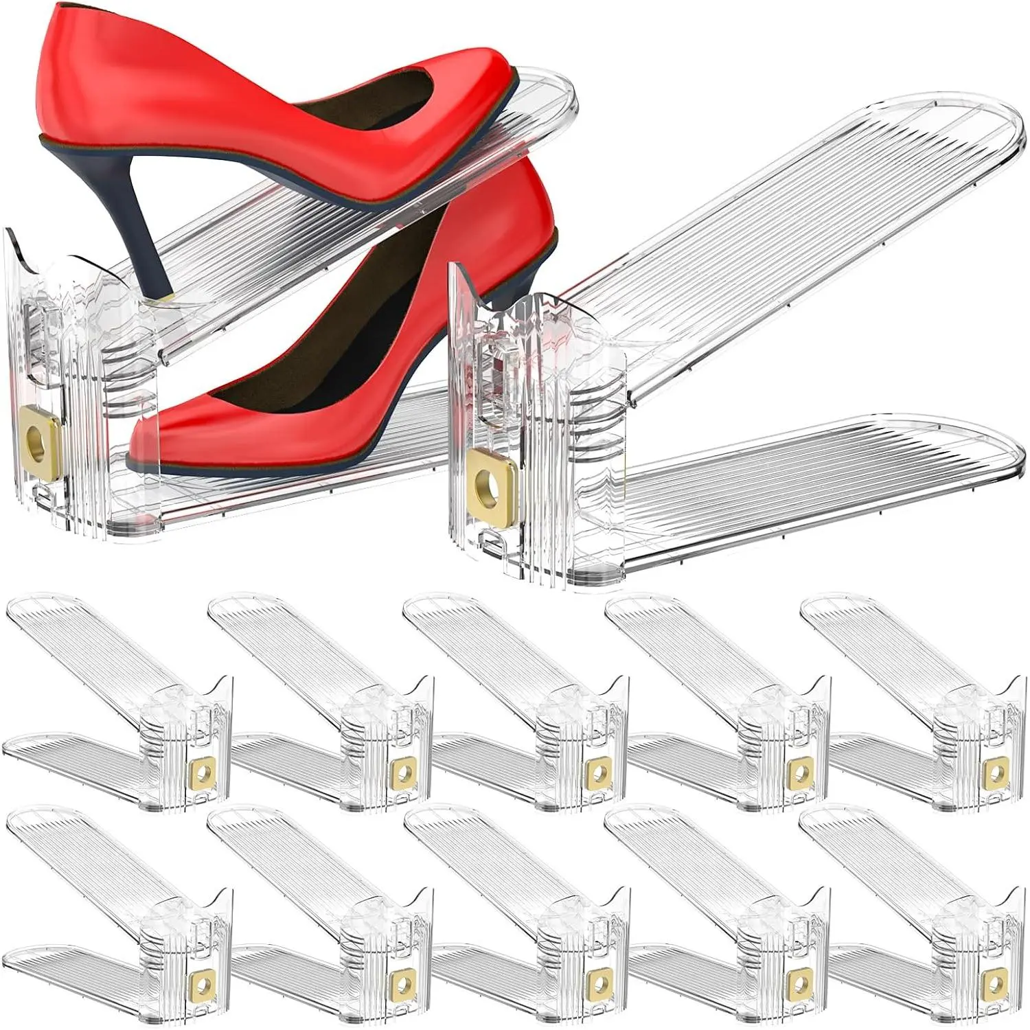 10 Pack Adjustable Shoe Slots Organizer, Double Layer Transparent Shoe Space Savers Shoe Stackers Riser, Shoe Storage Holder for Closet