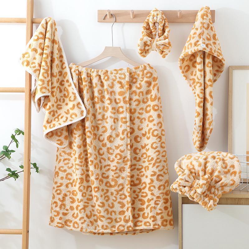 Vintage Leopard Print Bathroom Set, 5 Counts/set Including Bath Skirt, Absorbent Thickened Towels, Hair Band & Dry Hair Cap, Soft & Absorbent Bathing Supplies, Premium Towel Set