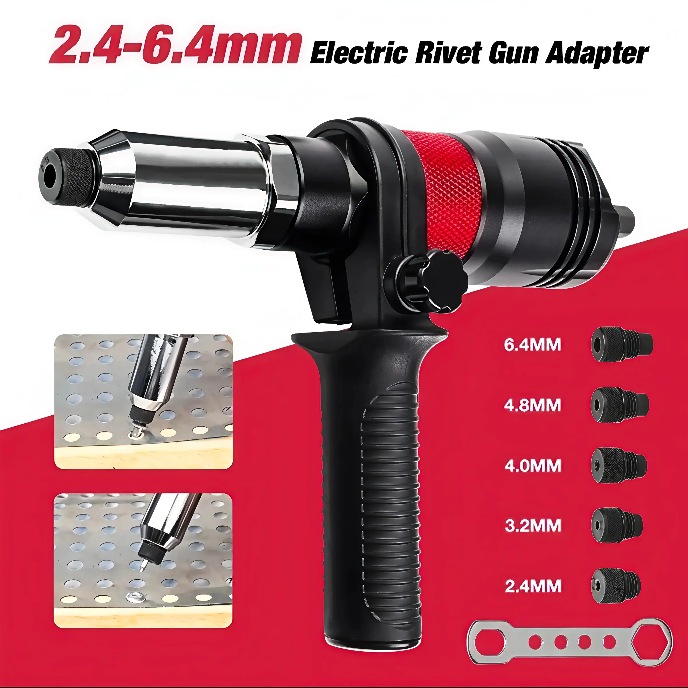 Electric Rivet Gun Adapter for Drill, 2.4-6.4mm 5 Sizes Rivet Heads, High Carbon Steel Drill Riveting Converter with Auxiliary Handle & Wrench, Labor Saving Pop Rivet Tool Attachment for Electric Drill Hardware