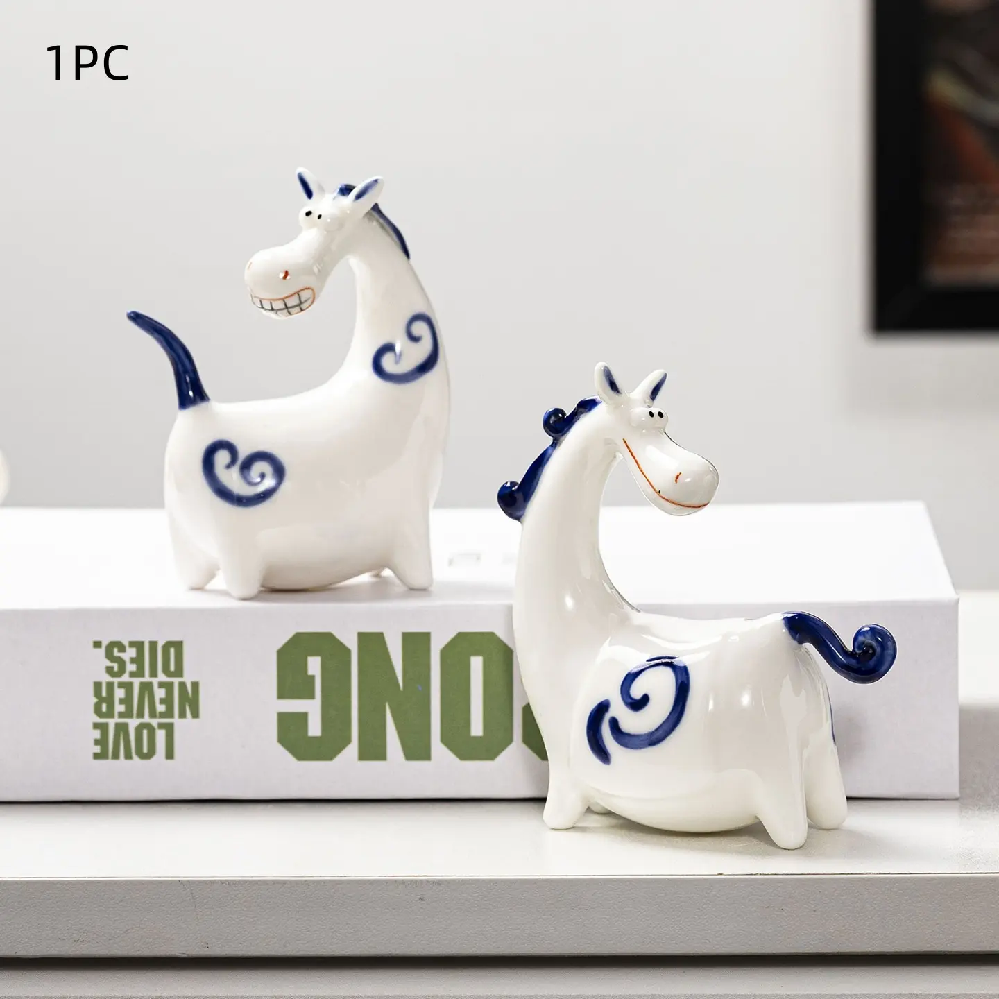 Cute Ceramic Painted Horse Statue, Cartoon Animal Desktop Decor, Blue Porcelain Miniature, Home Office Decoration, Lucky Gift!