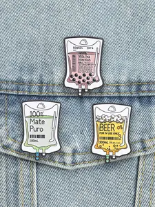 3PCS Funny IV Drip Drink Cartoon Pin Set, Medical Parody Style with 100% Mate Puro Beer And Milk Tea Injection Bags, for Beverage Lovers Dark Humor Accessories Backpack Jacket Decoration Gift