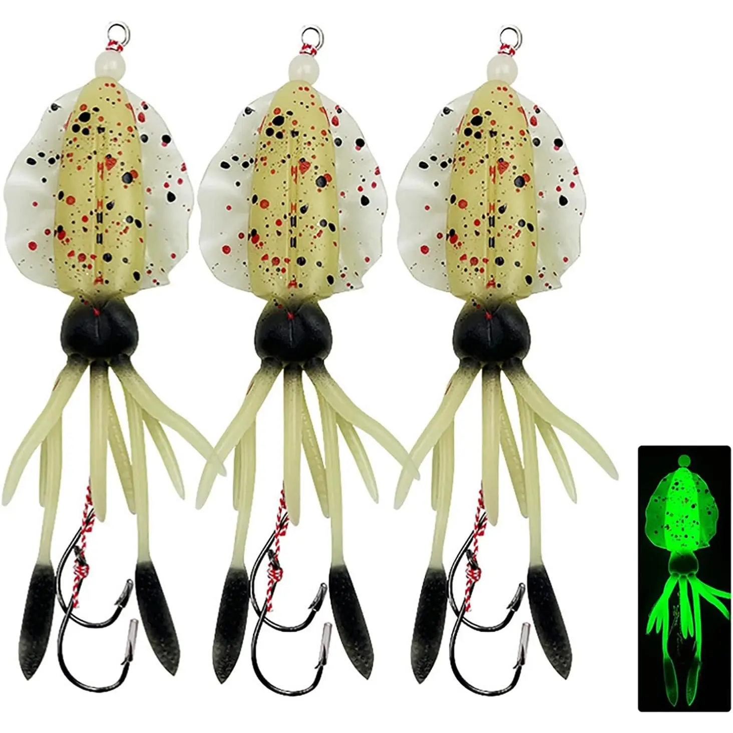 Luminous Squid Jigs - 3 Piece Set, Pre-Rigged Soft Rubber Glowing Lure with Assist Hooks, Realistic Speckle Glow, 4.7in-0.42oz, Saltwater Fishing Setup for Octopus Trolling, Realistic Look