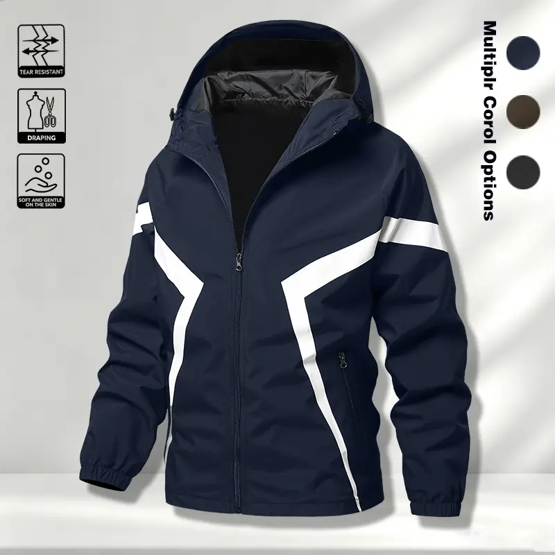 Spring and Autumn Contrasting Lines Hooded Jacket Men's navy blue trendy loose windproof jacket Youth sports thin jacket
