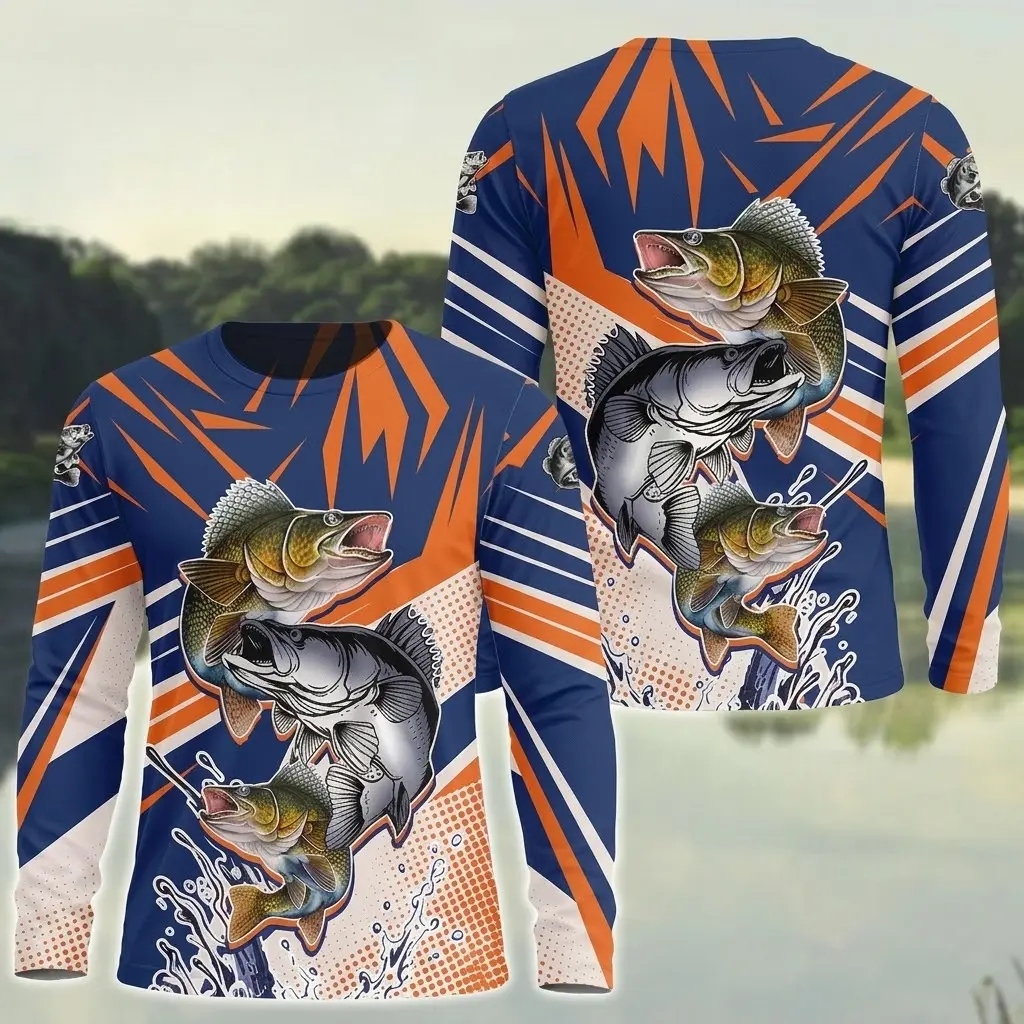 Lifelike Walleye Fishing Graphic Long Sleeve Tee, Ocean Hunter 3D Shirt, Ideal Father’s Day Fishing Gift