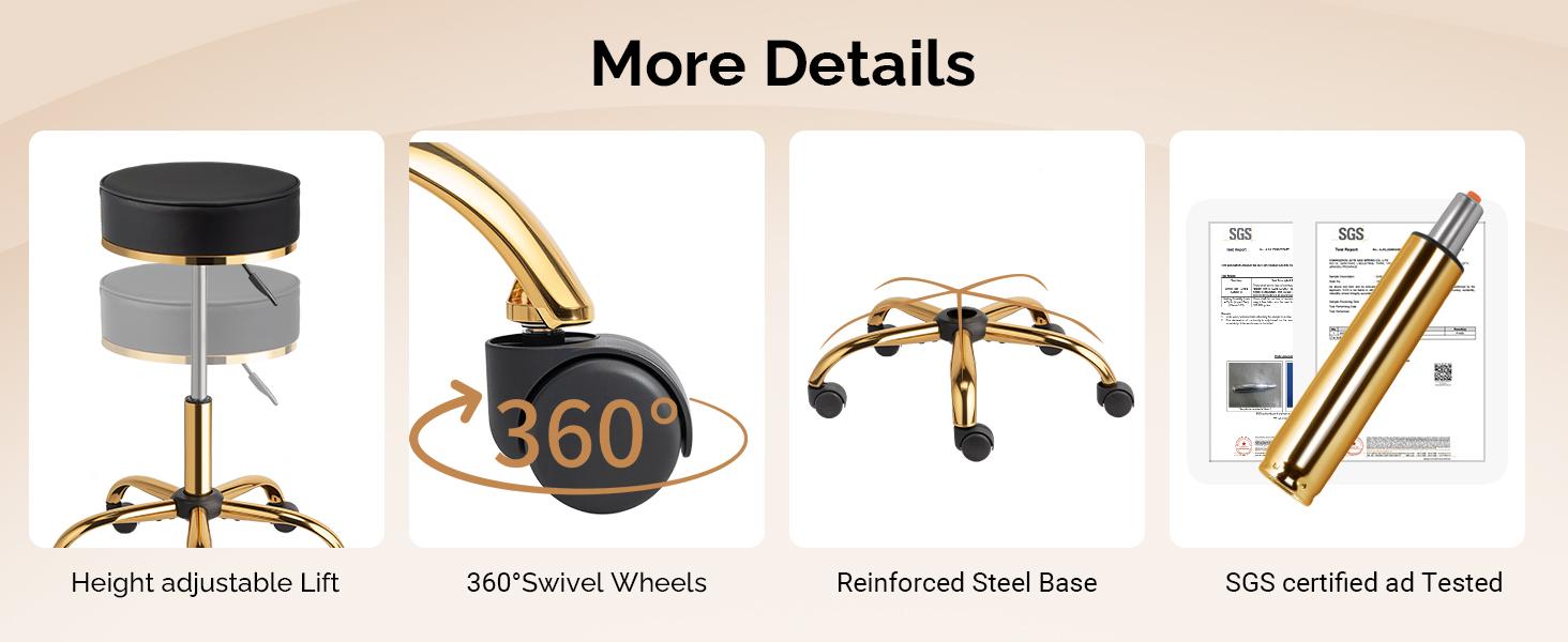 OmySalon Rolling Stool with Wheels, Vanity Salon Massage Roller Stool, Swivel Spa Chair Height Adjustable, Hair Stylist Chair for Beauty Salon Bar Tattoo Home, Black Luxury