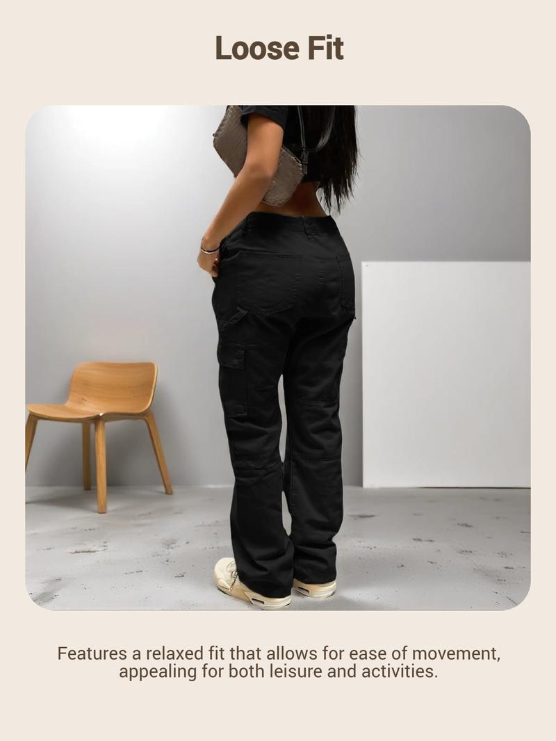 GILIPUR Y2K Women's Solid  Multiple Pockets Cargo Pants, Plain Comfort Basic Streetwear Casual Comfy Pocket Design Trousers For Daily Wear, Going Out Bottoms, Autumn And Winter Women's Baggy Clothing, Womenswear, Casual Fit Trousers, Lady Loose Clothe