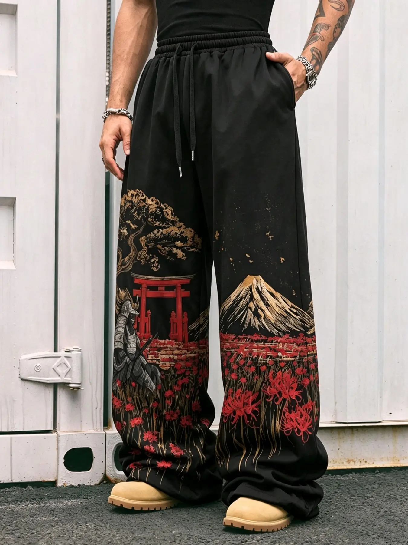 Japanese Samurai Spider Lily Pattern Loose Leg Sports Pants, Unisex Elastic Drawstring Casual Streetwear Long Pants, Y2K Hip Hop Gothic Style