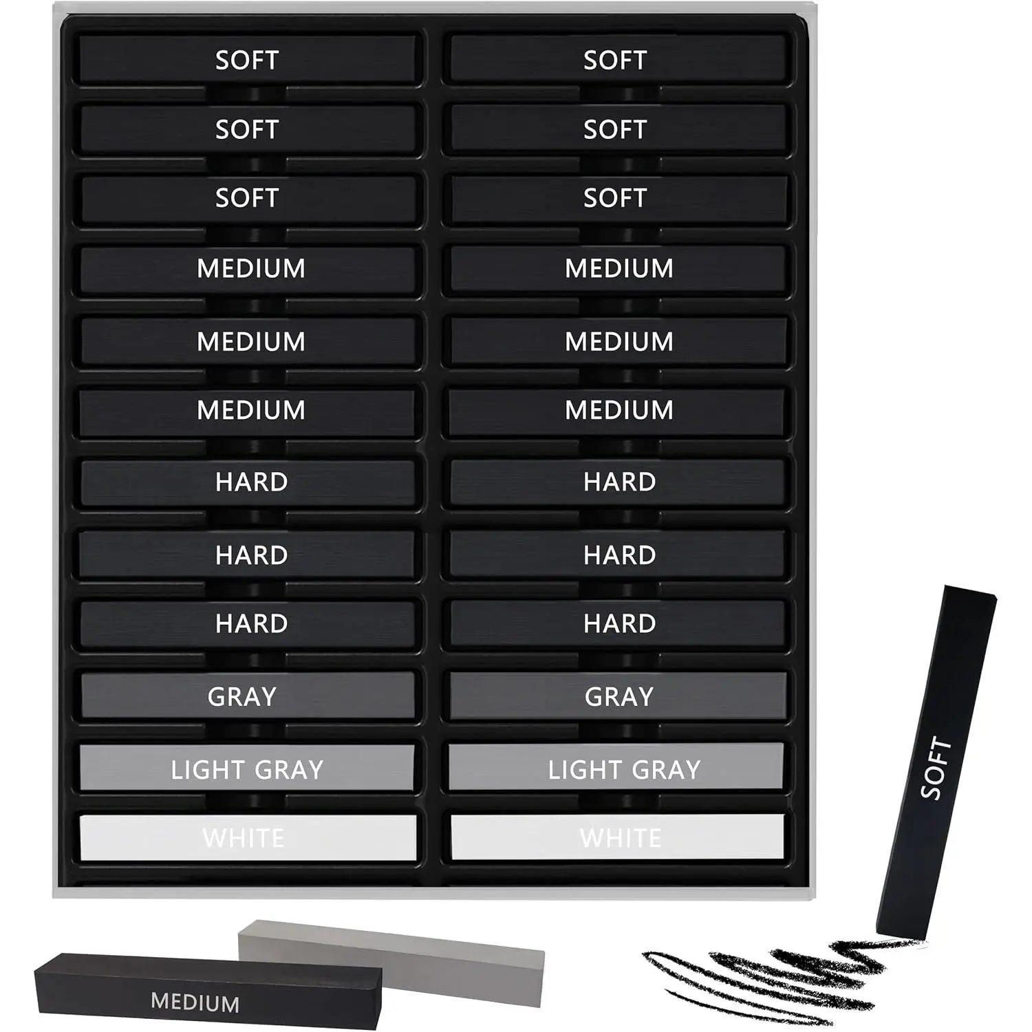 24 Pcs Compressed Charcoal Sticks Kit Including Soft Medium Hard White Square Vine Charcoal for Drawing Sketching Shading Art Supplies for Artists Beginners