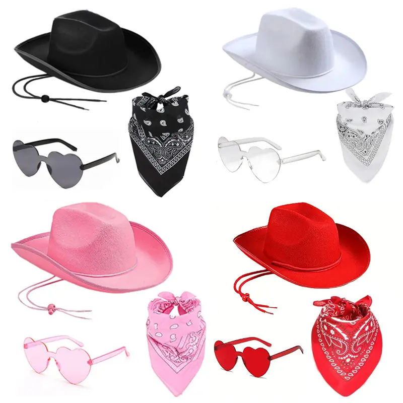 3PCS Western Cowboy Costume Set, Trimmed Structured Felt Cowboy Hat with Paisley Heart Sunglasses, Trimmed Felt Hat Paisley Heart Shaped Sunglasses, Cosplay Dress Up Accessories for Adults, Party Dress Up Props for Men Women
