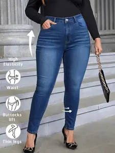 Women's Plus Size High Waist Stretch Slim Fit Jeans, Washed Blue Butt Lifting Nine-Inch Skinny Pants, Long Plain Pattern