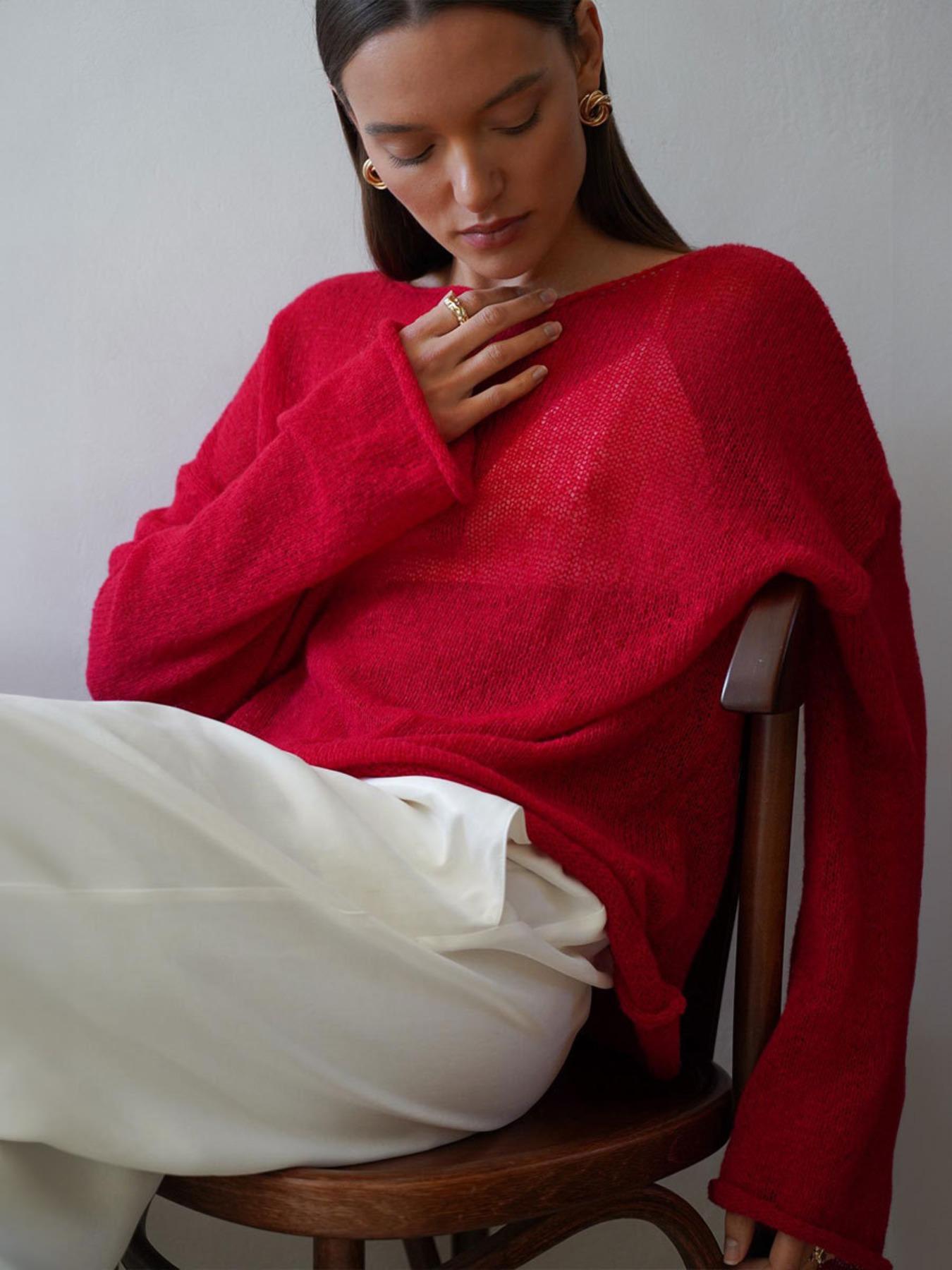 Women's Sheer Thin Spring Summer Loose-Fit Plaid Hollow Out Sweater Pullover, Casual Round Neck Batwing Sleeve Knitwear for All Seasons