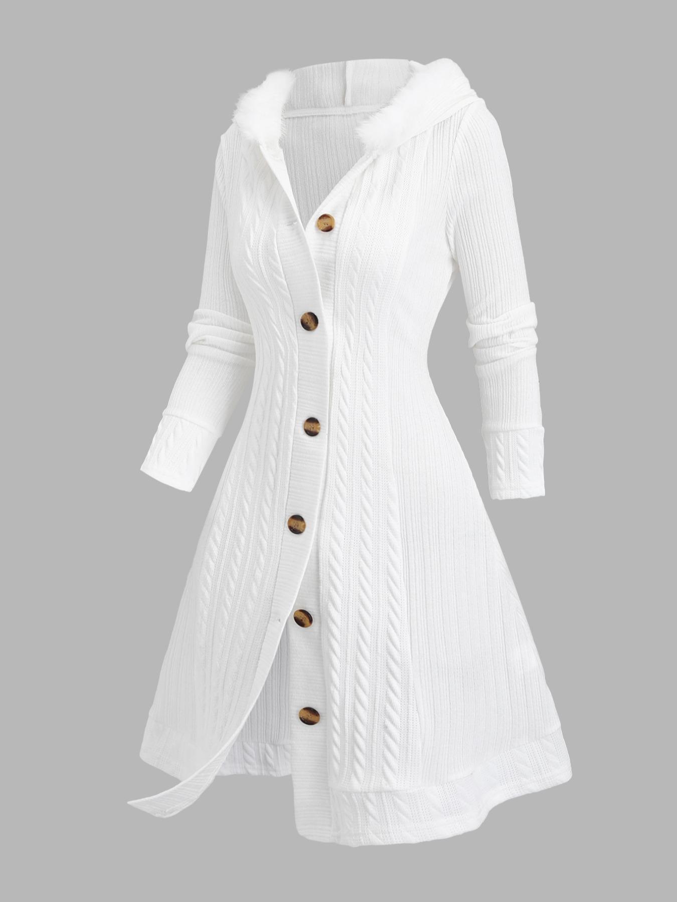 Women's Solid Color Fuzzy Trim Hooded Long Knitted Coat, Casual Long Sleeve Button Front Knitwear Outerwear for Fall & Winter, Ladies Clothes for Daily Wear