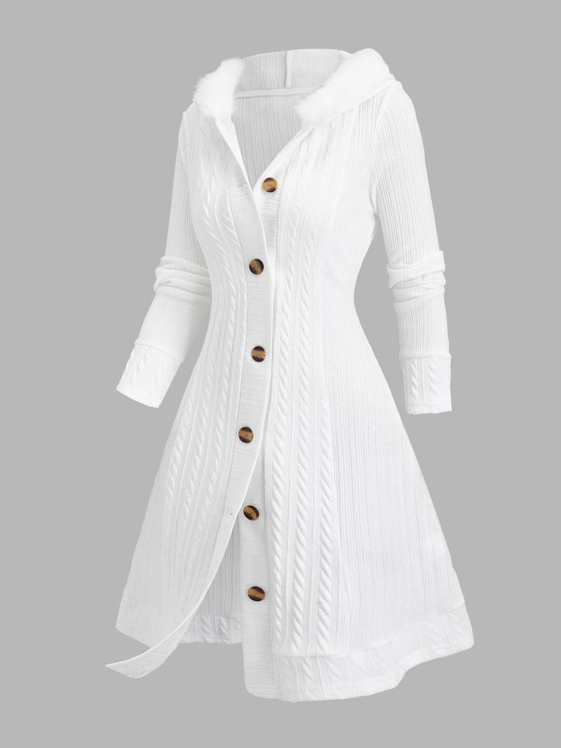 Women's Solid Color Fuzzy Trim Hooded Long Knitted Coat, Casual Long Sleeve Button Front Outerwear for Fall & Winter, Ladies Clothes for Daily Wear