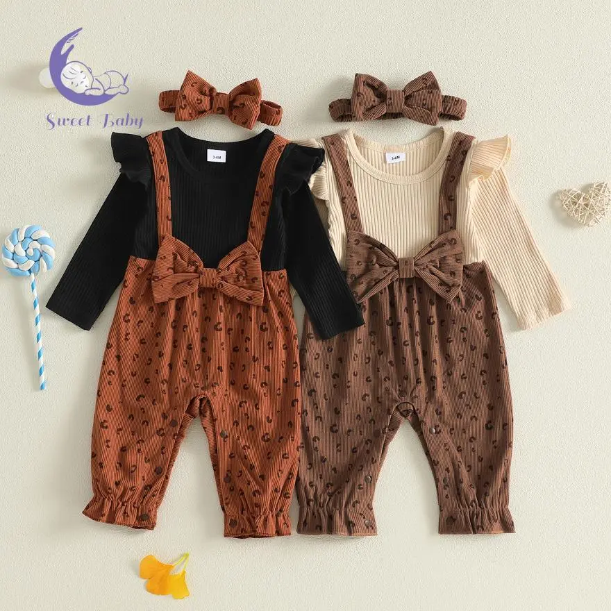 Infant Baby Girls Fall Romper Fashion Leopard Print Fake Two-Piece Long Sleeve Jumpsuit with Headband
