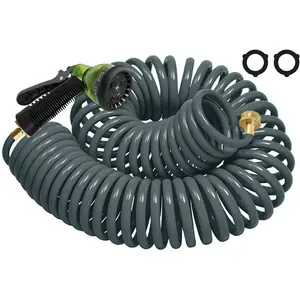 Coil Hose 25FT EVA Coil Garden Hose With 3/4'' Brass Connector Coiled Water Hose Lightweight And No Kink Includes 7 Patterns Spray Nozzle For Outdoors Lawn Watering Car Washing