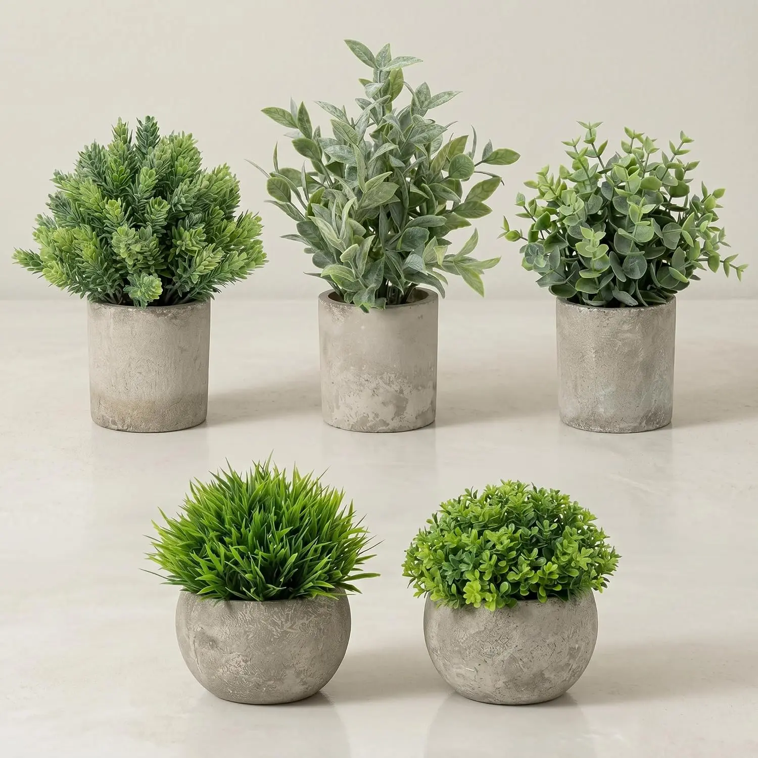 5-Pack Small Decorative Composite Plastic Fake Plants with Cement Pots - Natural Look Faux Greenery, Low Maintenance No Watering, UV Resistant Artificial Plants for Shelf, Indoor/Outdoor Home Decor, Five Pieces