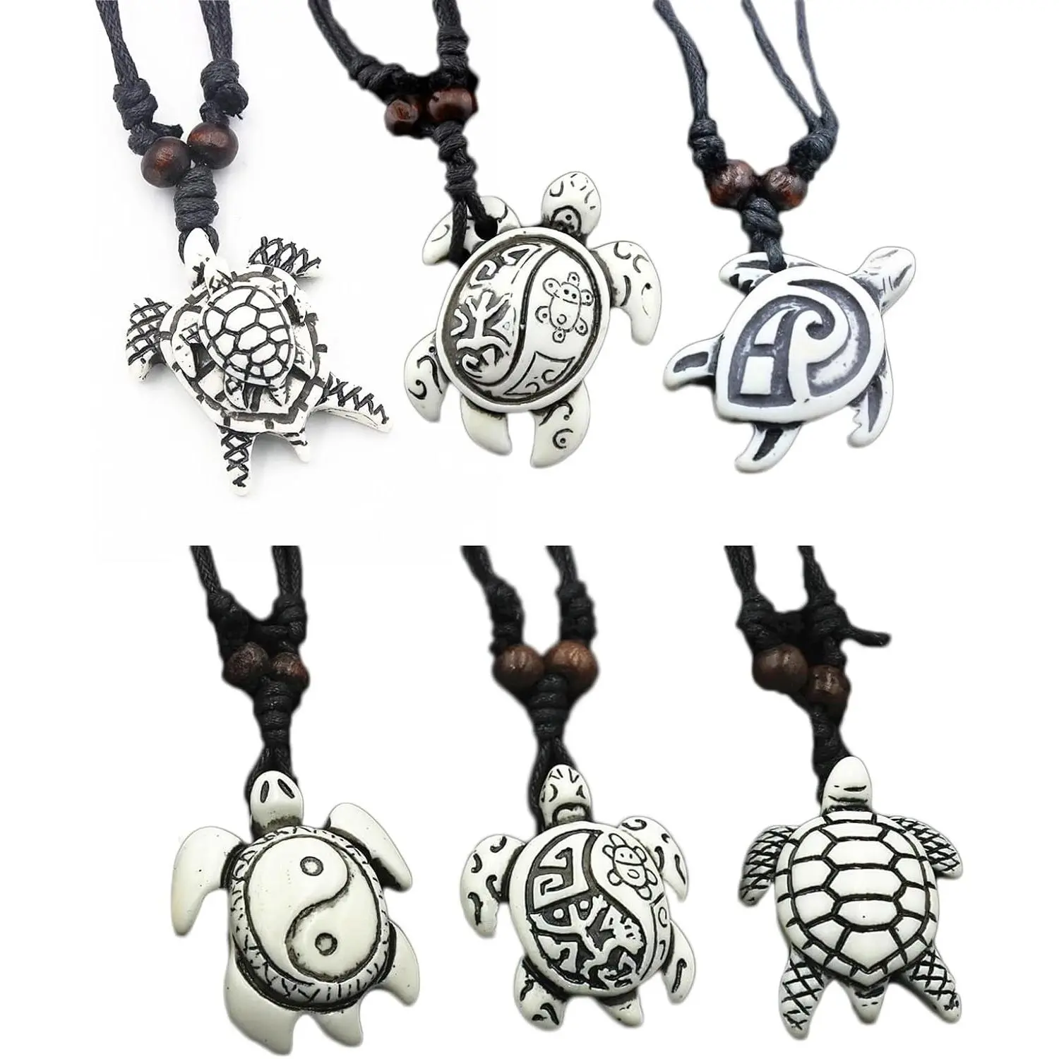 6Pcs Handmade Carved Sea Turtle Pendant Necklaces Resin Rope Chain Beach Ocean Animal Jewelry for Men