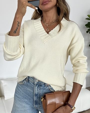 Imily Bela Womens Loose Sweaters Sexy V Neck Long Sleeve Solid Knitted Jumper Pullover Sweatshirt Tops